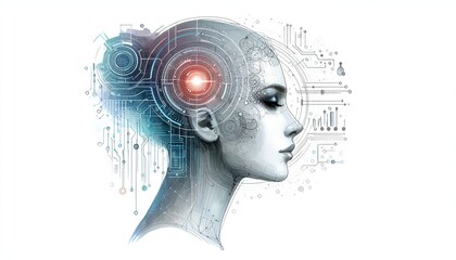 Fototapete - Futuristic Close-Up of a Woman's Profile with Digital Interface and Neon Visuals Illustrating Artificial Intelligence and Technology Concepts