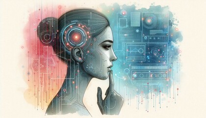 Fototapete - Futuristic Close-Up of a Woman's Profile with Digital Interface and Neon Visuals Illustrating Artificial Intelligence and Technology Concepts