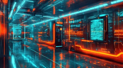 Wall Mural - a futuristic server room displays data with neon and orange lights