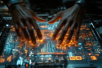 dark hands hover over a glowing, futuristic interface displaying intricate circuitry and data stream
