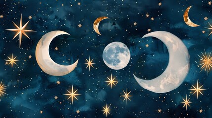 hand-drawn celestial moon and stars illustration. a mystical night sky with dreamy moon phases and s