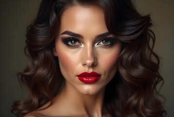  A gorgeous woman in a red hat with red makeup on her lips on a black background. Portrait of an elegant lady in close-up on a black background