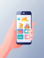 Fototapete - Modern illustration of a hand holding a smartphone displaying a grocery shopping application with a sleek user interface design