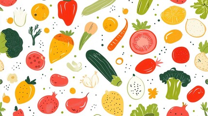 Poster - Colorful seamless pattern of fresh vegetables and fruits in modern flat style featuring various shapes and vibrant colors for design work