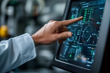 Close up of a hand interacting with a futuristic computer interface displaying complex data visualizations