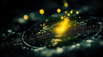 A glowing circuit board with illuminated circular patterns displayed