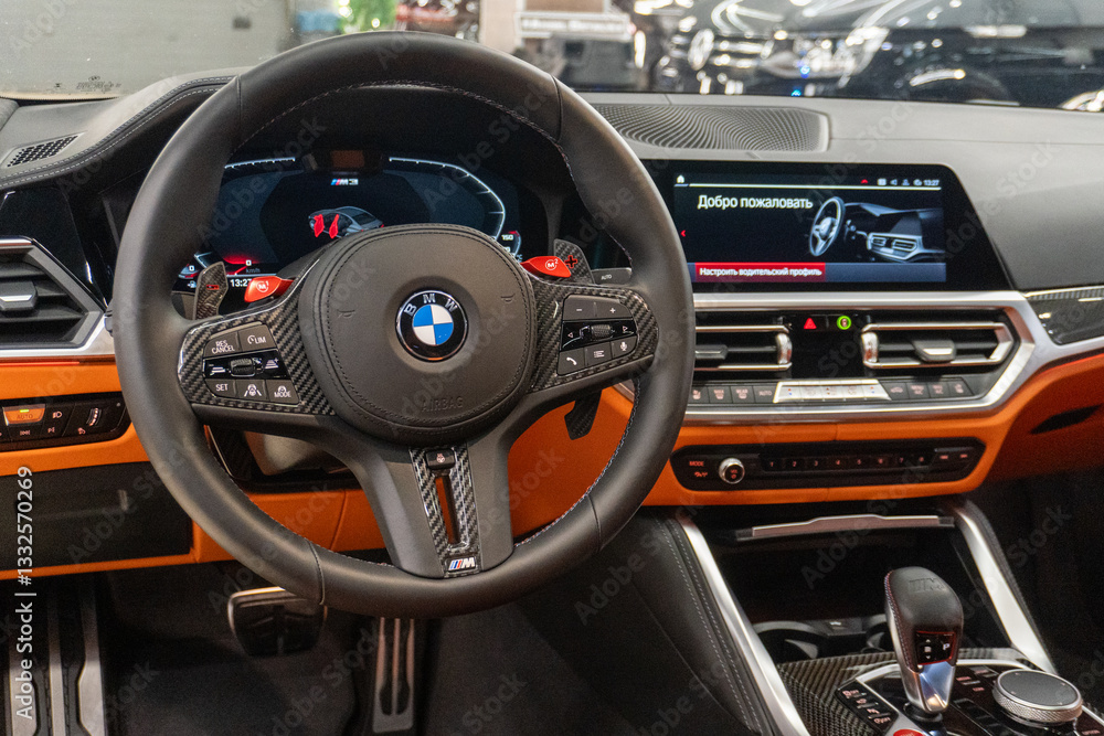 BMW M3 Competition G80 xDrive. Luxury sport car interior, steering ...