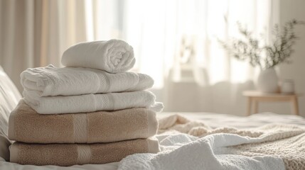 Fototapete - Freshly washed towels and linens arranged neatly on a cozy bed in a warm bedroom setting with soft natural light Generative AI