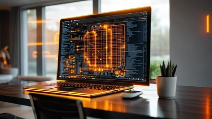 Wall Mural - modern workspace featuring a glowing laptop displaying intricate data visuals in a bright office