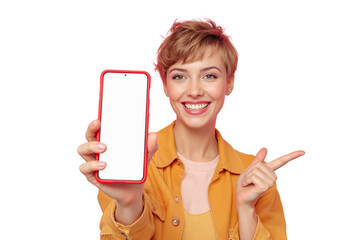 Woman in yellow jacket holding smartphone with blank screen, pointing at it and smiling on white background. Concept of advertisement and promotion. Ai generative
