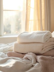 Fototapete - Freshly washed towels and bed linens create a cozy atmosphere in a clean bedroom filled with warm light Generative AI