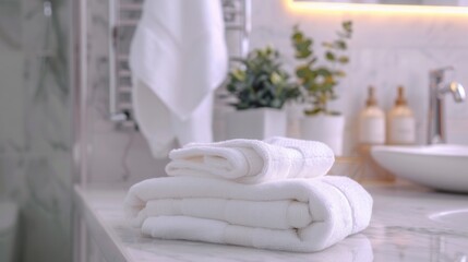 Poster - Cozy and clean bathroom with neatly folded towels perfect for hotels and spa salons Generative AI