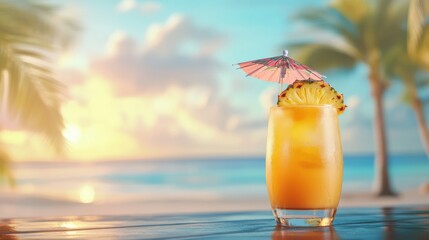 Poster - Exotic cocktail with pineapple and umbrella reflecting sunlight by the beach during sunset in a vibrant tropical paradise Generative AI