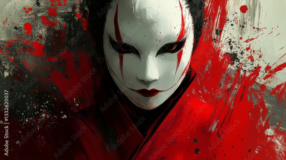 Illustration of person wearing white mask with red markings and red ...