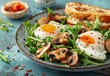 © JUST PURE PHOTOS - A delicious and healthy breakfast or brunch featuring poached eggs, sautéed mushrooms, and arugula.