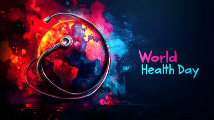 a medical-themed digital illustration of the earth with a stethoscope coiled around it, emphasizing 