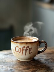 Leinwandbilder - Hot coffee cup on rustic table with steam forming whimsical word in elegant script Generative AI