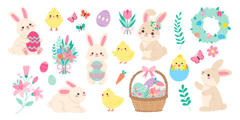 Wall Mural - a collection of easter bunny and bird characters. some of the characters are holding eggs. there are