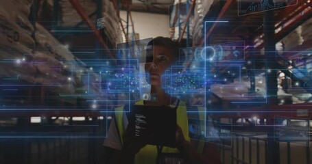 Warehouse worker interacting with holographic data displays using digital interface