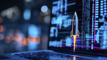 Rocket emerging from laptop screen, symbolizing innovation and technology