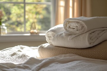 Aufkleber - Freshly washed towels and linens create a cozy atmosphere in a well-lit bedroom with warm pastel hues Generative AI
