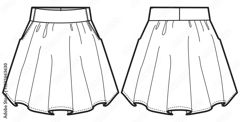 Women #39 s skater Skirt flat sketch fashion illustration with front and