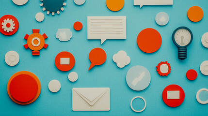 A vibrant arrangement of colorful shapes and icons against a blue background, showcasing various communication and technology symbols.