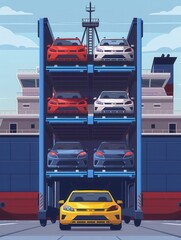 Fototapete - Innovative auto carrier ship loading finished vehicles for efficient transport logistics Generative AI