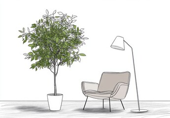 This is a sketch of a Scandinavian-style armchair and lamp, with a potted plant adding the final touch. Modern doodle illustration, stock illustration