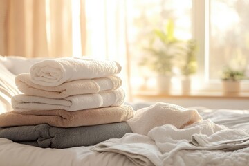 Aufkleber - Neatly arranged freshly washed towels and bed linens create a cozy atmosphere in a sunlit bedroom Generative AI