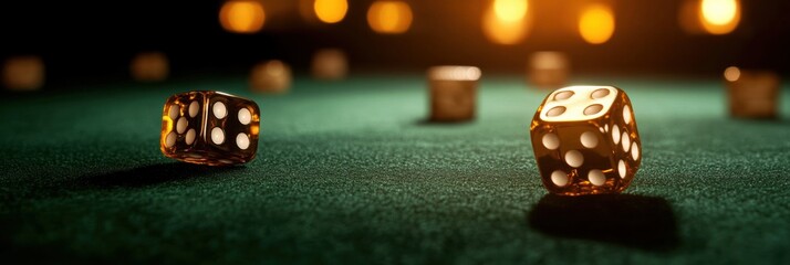 Fototapete - Rolling golden dice across a lush green casino table under glowing lights at a high stakes gaming night Generative AI