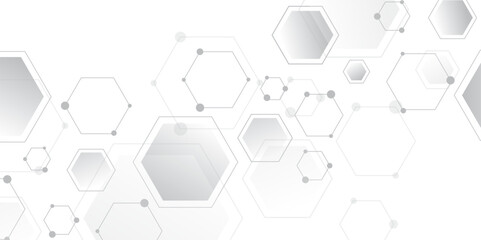 Leinwandbilder - Molecular structure abstract tech background. Geometric white background. Vector banner design with hexagons. Science network pattern, connecting lines and dots Medical background, Vector illustration