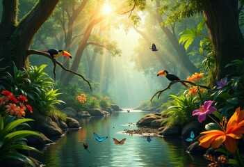 vibrant habitat showcasing untouched settings lush colors diverse flora fauna, wildlife, nature, landscape, forest, meadow, birds, insects, plants, trees