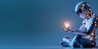 © Yuliia - Futuristic robot holding glowing light bulb while sitting in contemplative pose against blue background, symbolizing artificial intelligence and innovation.