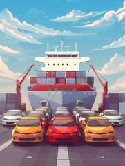 Fototapete - Loading finished cars for transport on a large auto carrier ship at a busy logistics port Generative AI
