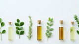 Test tubes with green leaves and essential oil on a white background, depicting a natural spa and beauty treatment concept, perfect for wellness and cosmetic designs.