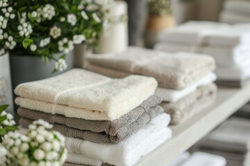 Poster - Cozy bathroom ambiance with neatly stacked towels in a hotel or spa setting Generative AI
