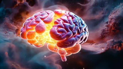Wall Mural - glowing human brain with electric impulses and fire effect.