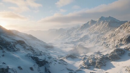 Wall Mural - Snowy mountain valley at sunrise