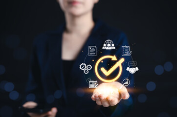 Poster - Quality assurance and certification compliance concept. Checkmark icon surrounded by compliance and certification symbol, representing quality assurance, regulatory standards, and business excellence.