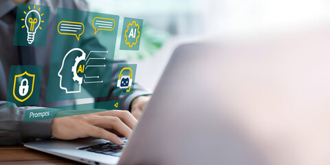 A business person using laptop with artificial intelligence Al technology for enhanced work and data analysis.