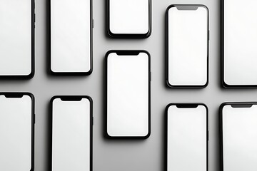 multiple smartphones with blank white screens on gray background