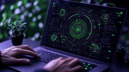 Cybersecurity Expert Working on a Laptop with Futuristic Interface