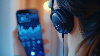 Poster - Close-up of headphones and smartphone displaying a music app in a cozy modern setting for music enthusiasts Generative AI