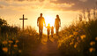 © Oleksiy - Family walking towards a cross at sunset. Silhouettes of a family and cross against a setting sun. Concept of family faith, Easter, hope, togetherness, unity in belief, and Christian values