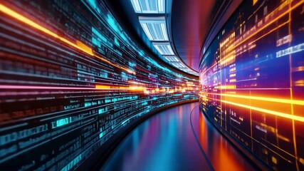 Data Highway: Capturing the essence of the digital world, an illuminated tunnel pulses with vibrant data streams, illustrating technological advancement.