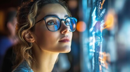 A young woman wearing glasses looking at digital data displayed on a screen