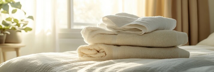 Fototapete - Cozy bedroom with freshly washed towels and linens bathed in soft light creating a warm and inviting atmosphere Generative AI