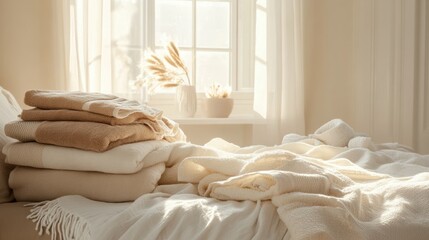 Aufkleber - Cozy bedroom with neatly arranged freshly washed towels and linens in soft light Generative AI