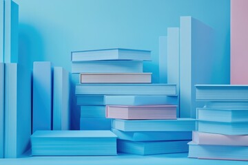 Poster - A minimalist arrangement of pastel blue books stacked in varying heights and orientations against a light blue background.